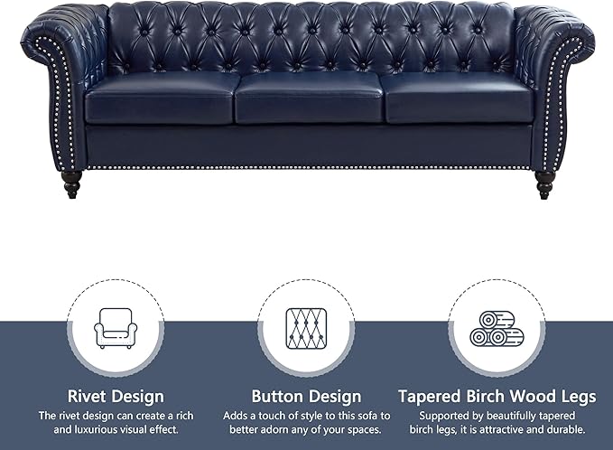 QHITTY Accent Large Sofa Chesterfield Couch 3 Seater Modern Leather Couch Upholstered Sofa with Tufted Back for Living Room Furniture (Blue)