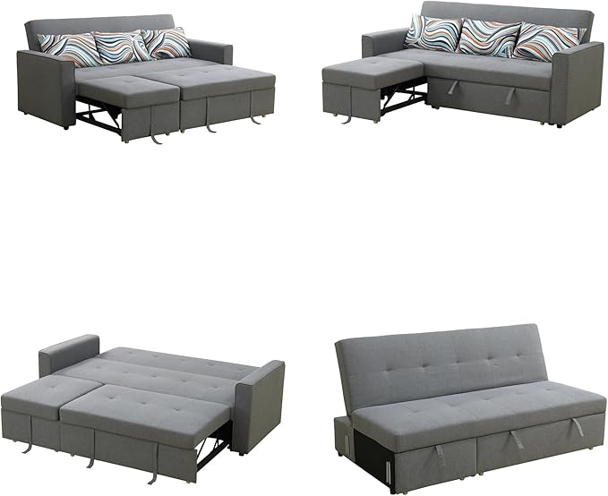 Convertible Sofa Bed Couch 4 Seat Iron Frame Sectional Couches for Living Room with Storage for Apartment Sleeper Sofa Couch with Pullout Bed Light Grey