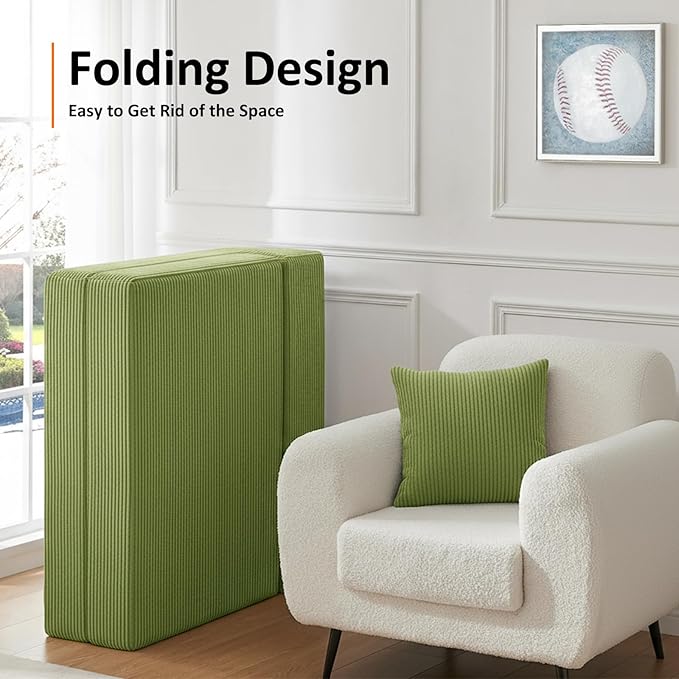 Single Size Folding Sofa Bed - 4 in 1 Convertible Sleeper Chair - High Density Memory Foam Futon Couch - Foldable Bed for Living Room Bedroom (Green)
