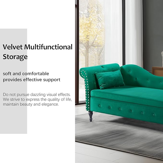 60 Modern Velvet Chaise Lounge IndoorUpholstered Lounge Chair with Left Armrest and Lumbar Pillow Button Tufted Lounge Sofa for Living Room Bedroom OfficeMini Chaise Longue Sofa (Green Storage)