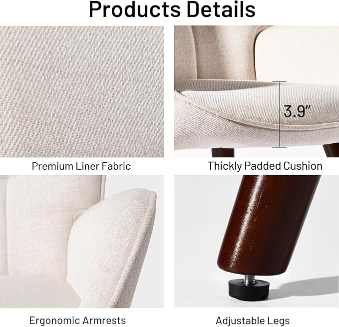FurnitureR Tufted Wingback Accent Chair for Bedroom/Lounge Leisure Armchairs High Back Ergonomic Fabric Upholstered Living Room Chair Comfortable Stylish with Solid Wood Legs Beige/Walnut