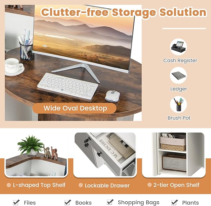 MAT EXPERT Reception Desk Front Desk with Open Shelves Lockable Drawer Round Tabletop Checkout Counter Retail Counter Computer Workstation for Office (White Cabinet &amp Rustic Brown Desktop)