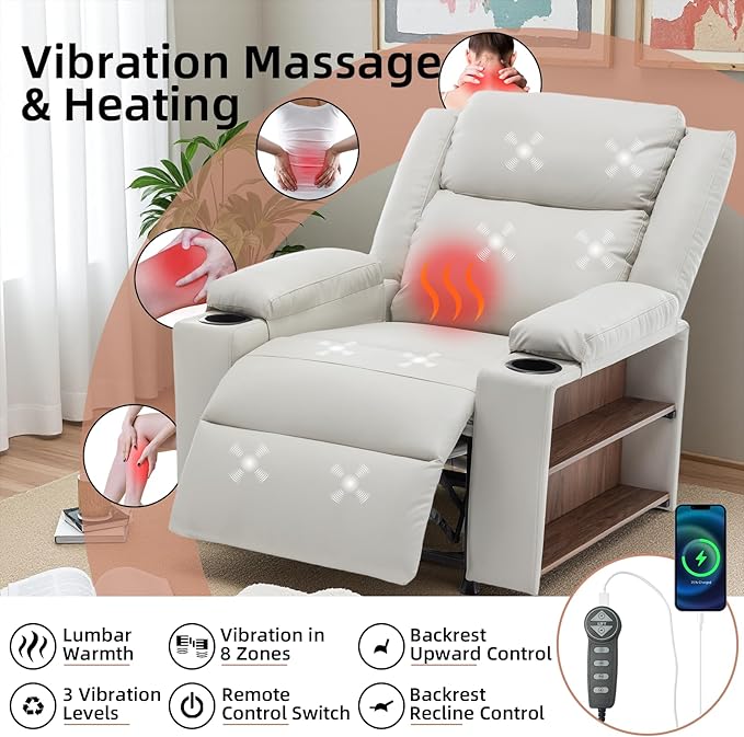 Power Lift Recliner Chair Upholstered Recliner Heating Vibration Massage with Side Storage Shelf &amp 2 Cup Holders for Living Room &amp Home Theater (Light Grey)
