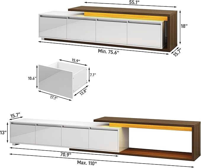 Extendable TV Stand with LED Light Modern Entertainment Center for up to 120 Inch TV Wood TV Media Console with 2 Drawers &amp 2 Cabinets for Living Room Bedroom 75-110 High Gloss White &amp W