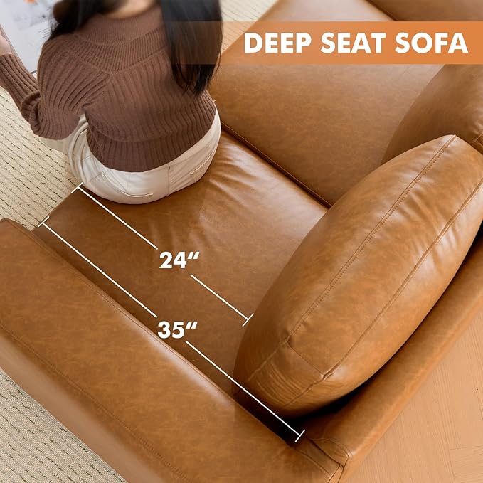ELUCHANG 85 Luxury 3 Seater Sofa Couch for Living Room Modern Upholstered Faux Leather Sofas Couches with Extra Deep Seats&ampRemovable Cover Comfy Sofa Couch for Apartment Lounge Brown 2PCS