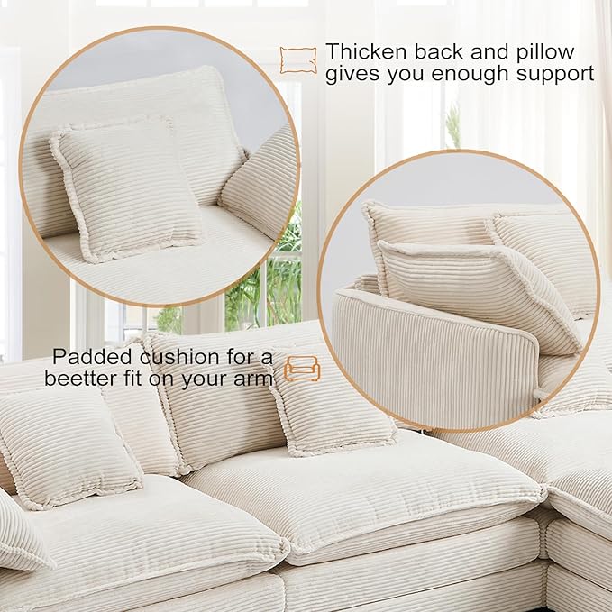 Furniliving Oversized Accent Chair with Ottoman Luxury Corduroy Single Sofa Upholstered Deep Seat Chaise Lounge with Pillows for Living Room Bedroom Apartment Beige