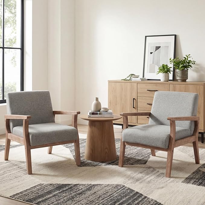Mid Century Modern Accent Chair Set of 2 Linen Upholstered Living Room Accent Armchair with Wood Frame Farmhouse Chair for Living Room Bedroom Gray