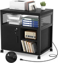 Unikito Lateral File Cabinet Locking Office Printer Stand with Sockets and USB Charging Ports Modern Rolling Printer Desk with Storage for A4 Letter Size and File Folders Black