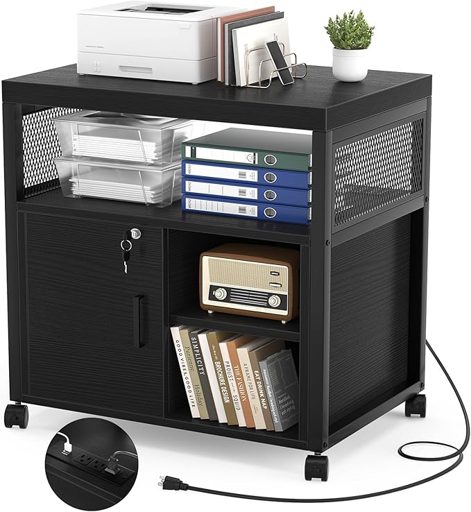 Unikito Lateral File Cabinet Locking Office Printer Stand with Sockets and USB Charging Ports Modern Rolling Printer Desk with Storage for A4 Letter Size and File Folders Black