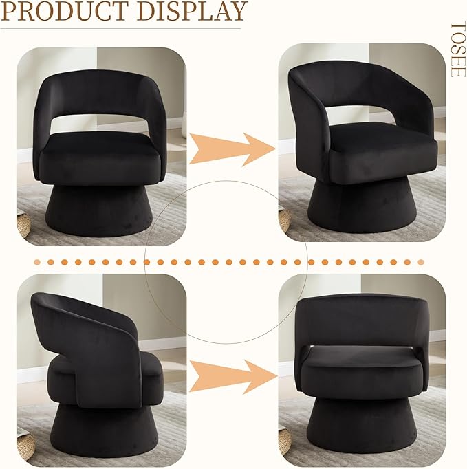 360 Degree Swivel Barrel Chair for Living Room Black Velvet Accent Armchair with Open Back Modern Comfy Reading Chair for Bedroom Cloud Boho Chairs for Office Club Lobby (Black)