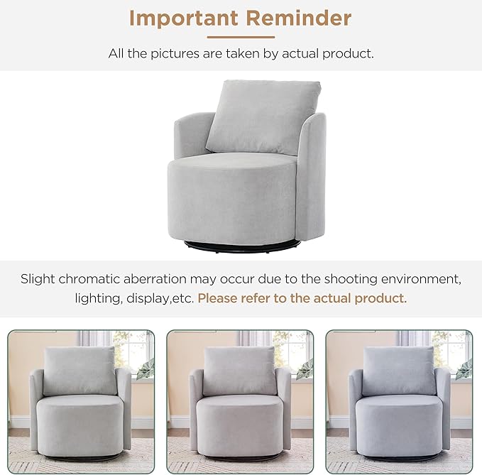 360° Swivel Chair Modern 29.9 Accent Barrel Armchair Single Sofa Armchair with Curved Design and Side Pockets Upholstered Swivel Sofa Chair for Living Room Bedroom Office and Hotel (Grey/437)