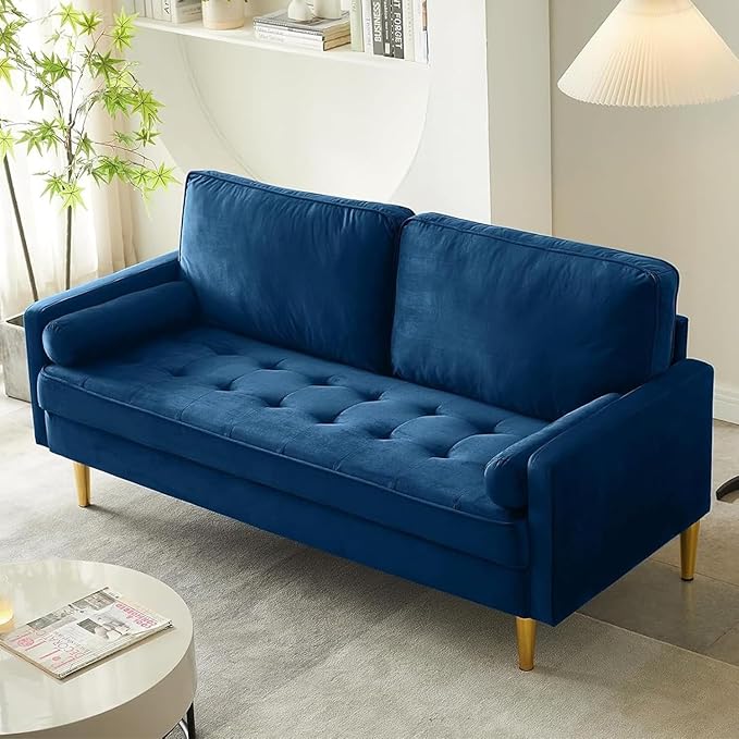 Modern Navy Tufted Velvet Loveseat Futon Club Two Seater Sofa Compact for Living Room Studio Office Dormitory Breathable Spring Small Sofas for Entertainment Room Suitable Bedroom (67 Navy)
