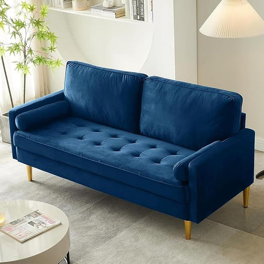 Modern Navy Tufted Velvet Loveseat Futon Club Two Seater Sofa Compact for Living Room Studio Office Dormitory Breathable Spring Small Sofas for Entertainment Room Suitable Bedroom (67 Navy)