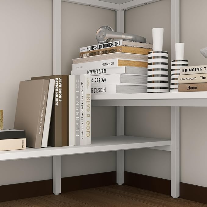 Small Corner Desk with Rotating Drawer &amp Open Shelves Triangle Study Writing Table with Circular Pattern Compact Computer Desk for Home Office White &amp Brown
