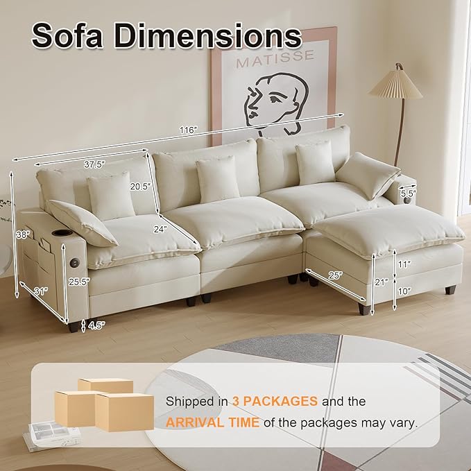116 Modular L Shaped Cloud Couch Sectional Couches for Living Room with Ottoman Chenille Deep Seat Sofa Cloud Sectional Couch with Charging Station Cup Holder Side Pocket Beige