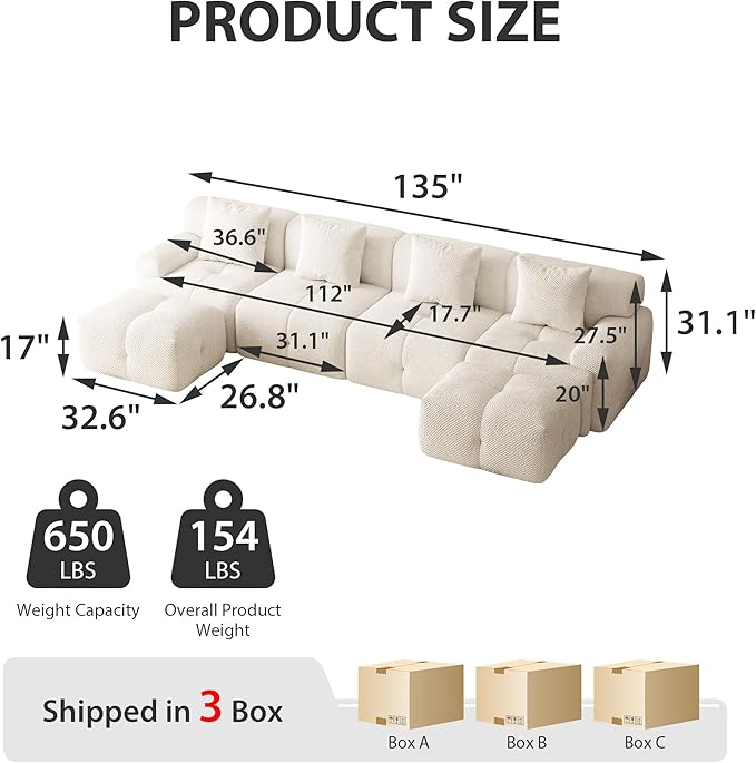 Chifee &amp Vingol 135 U-Shaped Modular Sectional Sofa with 2 Ottoman &amp 4 Pillows Oversized Upholstered 6 Seat Cloud Sectional Couch for Living RoomIvory