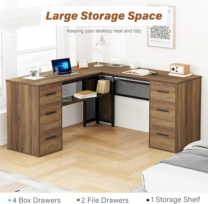 HSH Large L Shaped Home Office Desk with Drawers Rustic L-shaped Computer Desk with Storage File Cabinet Shelves Corner Reversible Metal Wood Executive Work Study Writing Table 59 Inch Bedroom Desk