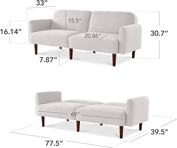 Best Choice Products 77 Mid Century Modern Boucle Loveseat Sofa Couch Convertible Sofa Sleeper Bed w/Real Wood Removable Armrest - Frost Gray