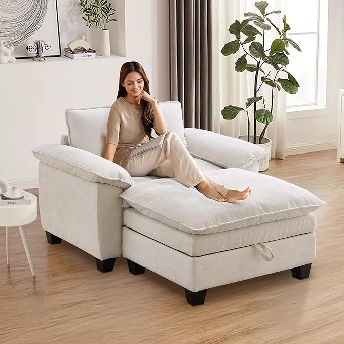 Oversized Chair with Ottoman Cloud Chenille Fabric Comfy Chaise Lounge Sofa Accent Arm Single Chair Indoor with Padded Armrest for Living Room Bedroom Office Storage Ottoman Beige