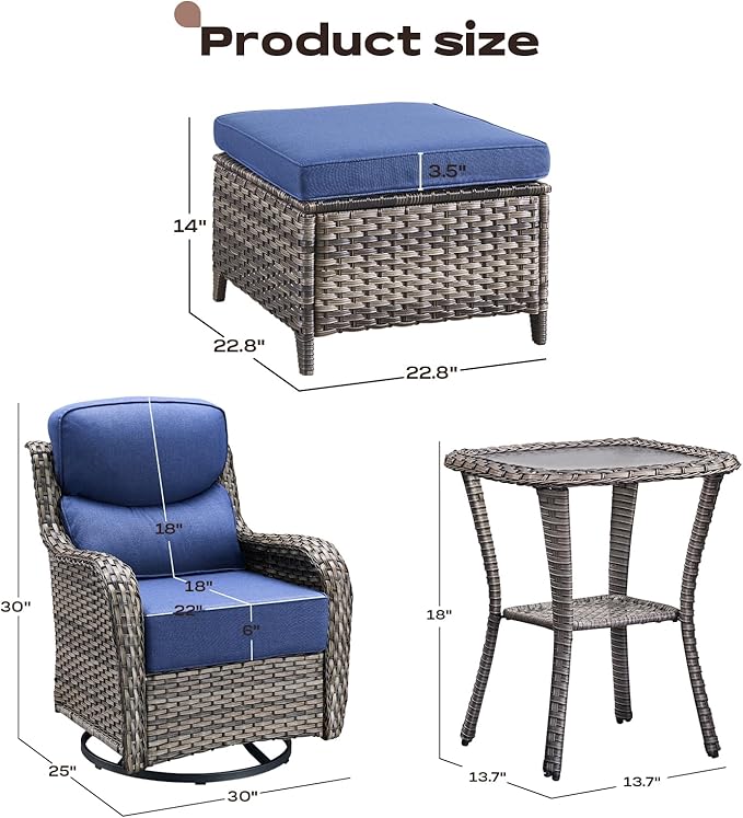 Rilyson Wicker Outdoor Patio Furniture Set - 5 Piece Patio Conversation Sets with Swivel Rocker Chairs Ottomans and Side Table 6 inch Cushions Waterproof Wicker for Porch Deck Mixed Grey/Blue