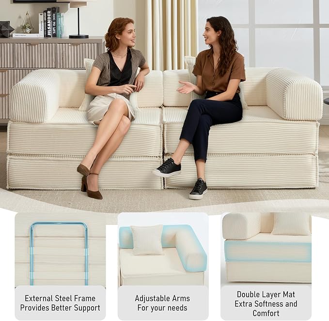 78 Convertible Sleeper Sofa Bed Modular Corduroy Couch with 2 Pillows Compressed Floor Sofa for Living Room Bedroom (Beige)