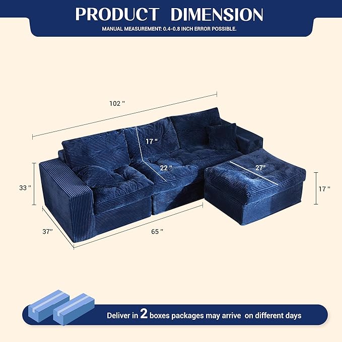 Modular Sectional Sofa 102” L-Shaped Corduroy Couch with Ottoman Deep Seat Comfy Sectional for Living Room Set of Soft Upholstered Cloud Couch for Apartment Blue