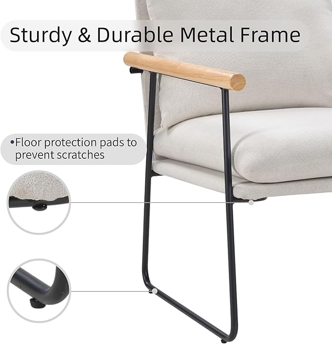 Modern Accent Chair with Removable Cushion &amp Wood Armrests - Ergonomic Vanity Chair for Living Room Bedroom Balcony 396lbs Capacity Corduroy Fabric Comfy Chair with Easy Assembly (White)