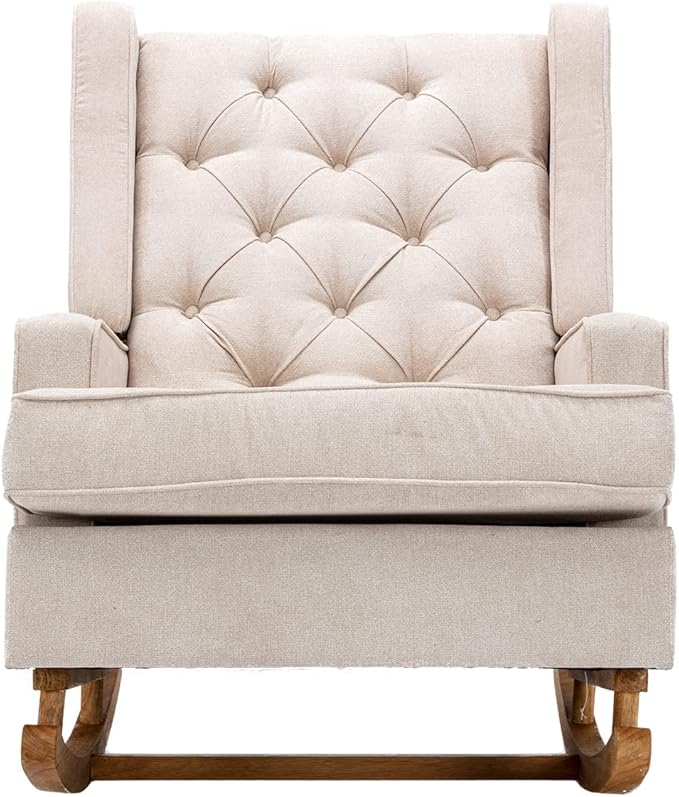 QQU Rocking Chair with Arms Leisure Teddy Chair IndoorComfy High Back Chair with Solid Wood Base Side Pocket for Living RoomBedroomOffice (Beige)
