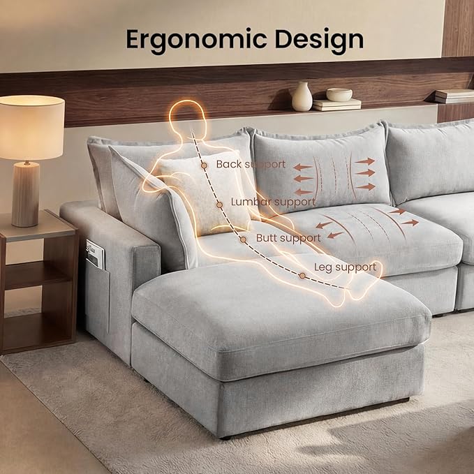 158'' Sectional Couch L-Shape Down Filled Comfy Modular Sectional Sofa with Deep Seat Modular Couch 4 Seater with 4 Pillows &amp 1 Storage Ottoman for Living Room Cover Washable Grey