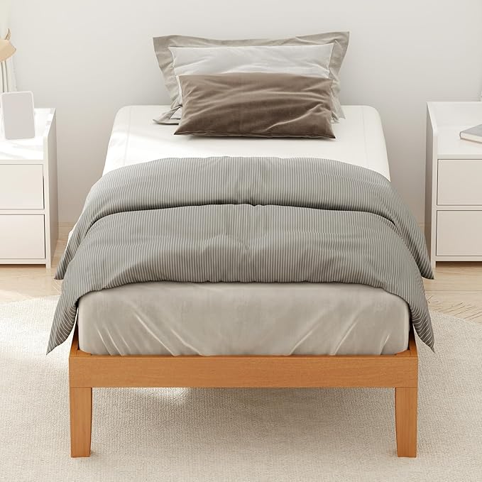 DUMOS Solid Wood Bed Frame Twin Size Bed Base with Wood Slat Support Sturdy Stylish &amp Noise-Free Design No Box Spring Needed Easy Assembly 12 in Natural Pine
