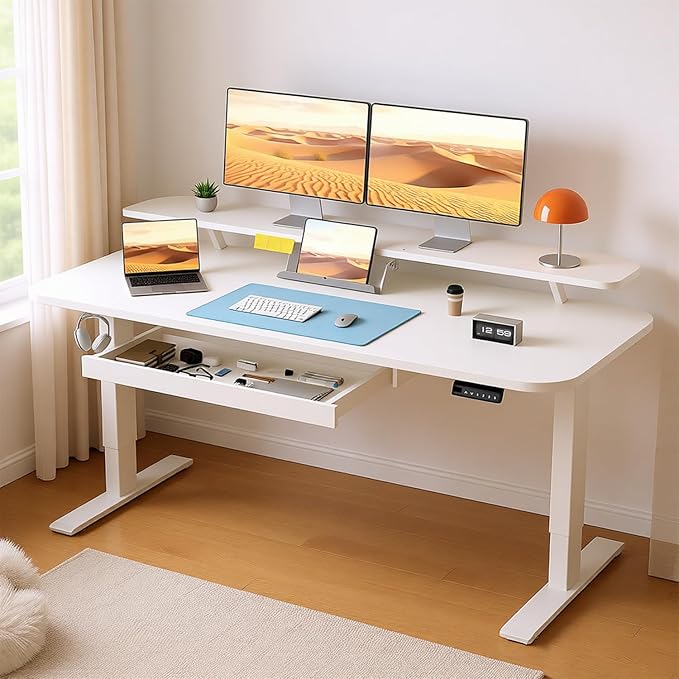 COMHOMA Electric Standing Desk with Drawers 55 x 24 Inch Sit Stand up Desk with Monitor Stand Laptop Stand Height Adjustable Ergonomic Home Office Computer Desks with Memory Preset Controller