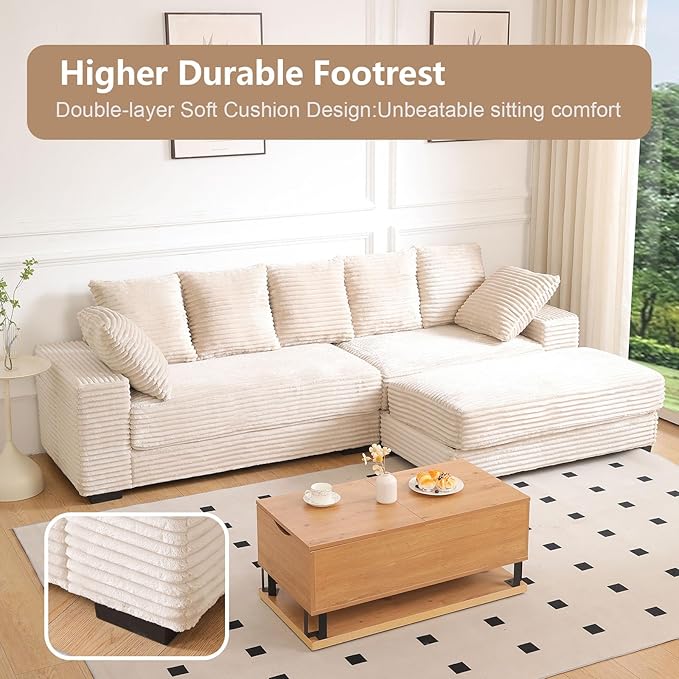 108.6 Corduroy Modular Sectional Sofa with Ottoman &amp Storage Modern Deep-Seat L-Shaped Sectional with 8 Pillows Cloud-Like Couch for Living Room Office &amp Apartment Beige