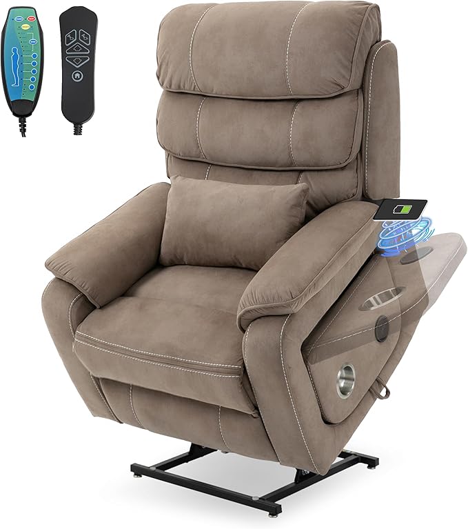 Lift Chair Lay Flat Recliner Heat Massage Dual Motor Infinite Position Power Recliners with Left Side Tray Table-Wireless ChargerCup Holder