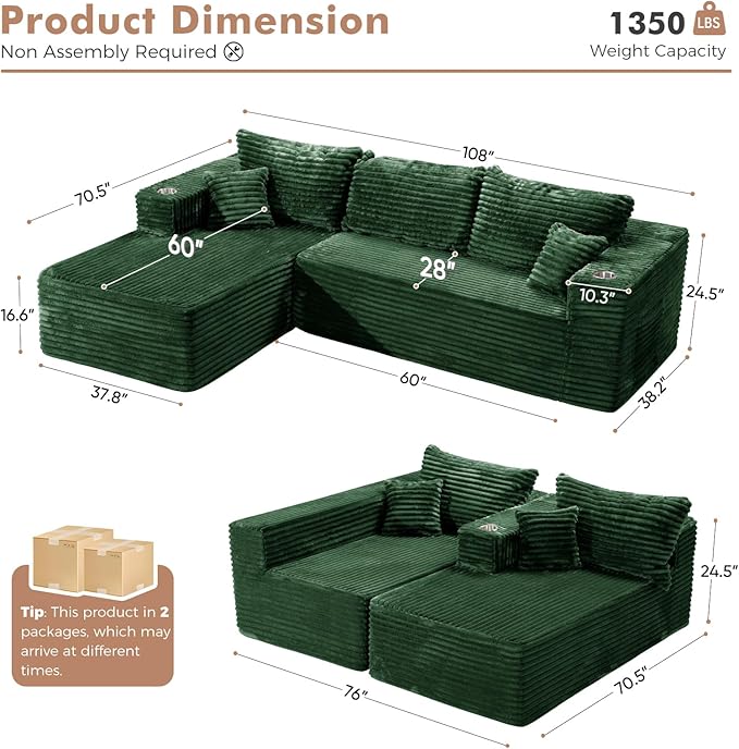 ELUCHANG Oversized 108” Boneless Couch Comfy Cloud Modular Sectional Sofa L-Shape Sofa with Chaise Memory Foam Upholstered Couch for Living Room Bedroom No Assembly Required Corduroy Green