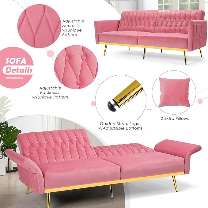 70 Velvet Futon with Adjustable Backrest and Armrests Sofa Bed with Extra Pillows for Waiting Room Living Room and Office Pink