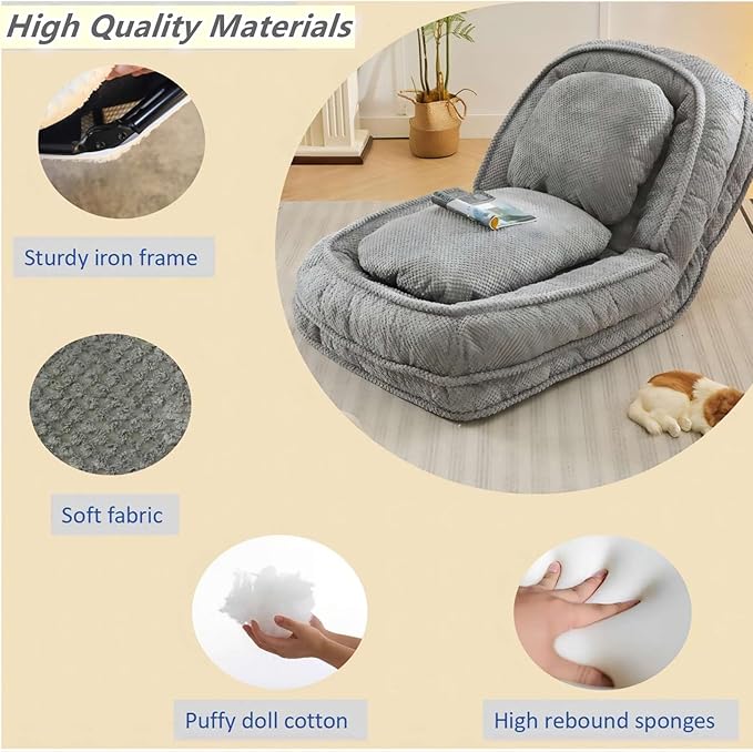 Foldable Lazy Sofa Bed Polyester Upholstered Human Dog Bed for Adults and Pets with 5 Adjustable Backrest Positions and 2 Soft Cushions for Living Room Bedroom Gray