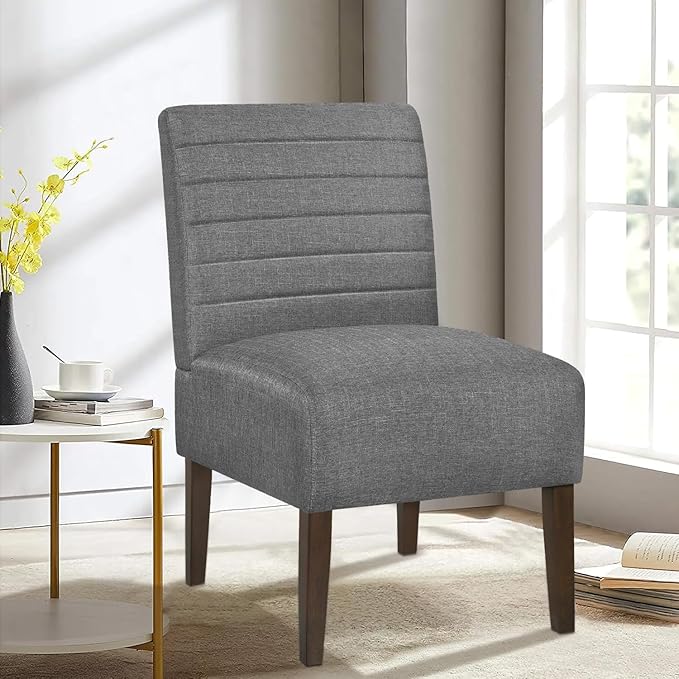 Slipper Accent Chair Modern Armless Lounge Chair with Wood Legs Upholstered Makeup Vanity Tufted Side Chair Fabric Comfy with Decor Back for Living Room Bedroom Patio (Horizontal Back Grey)