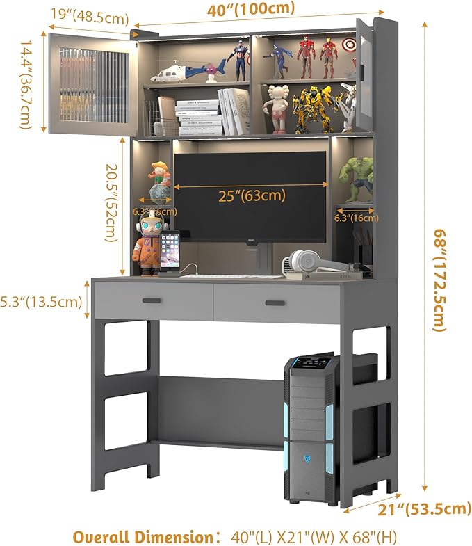 LVSOMT Home Office Desk with Hutch and Drawers Modern Computer Gaming Desk with LED Lights &amp Power Outlets Grey Study Table with Storage Shelves Teen Writing Desk for Bedroom 40'' W