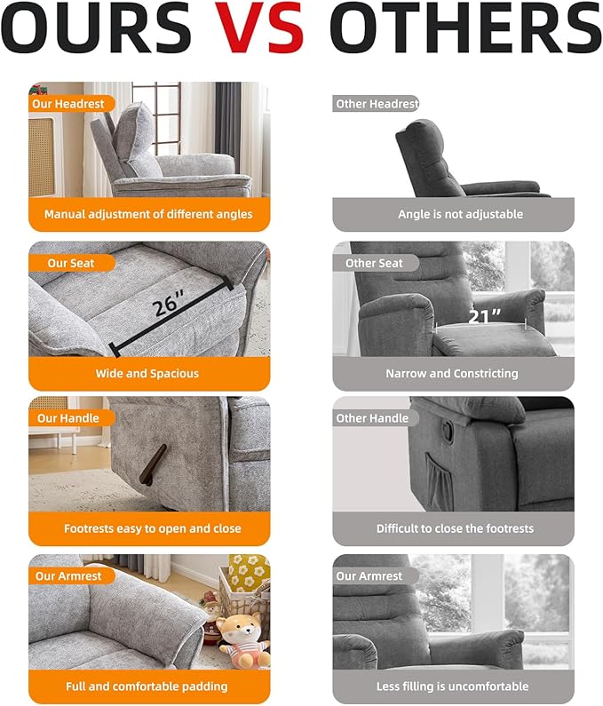 Oversized Glider Rocker Recliner 26 Extra Wide 360° Swivel Nursery Recliner with Adjustable Headrest Chenille Rocking Nursery Chair with Overstuffed Armrest Lumbar Support Light Grey