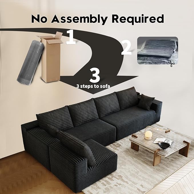 139.4 Modular Sectional Sofa L-Shaped Minimalist Couches with Middle Seat Chaise Modern Deep Seat Convertible Sleeper SofaCloud Plush Corduroy Fabric No Assembly Required 5 Seater Black