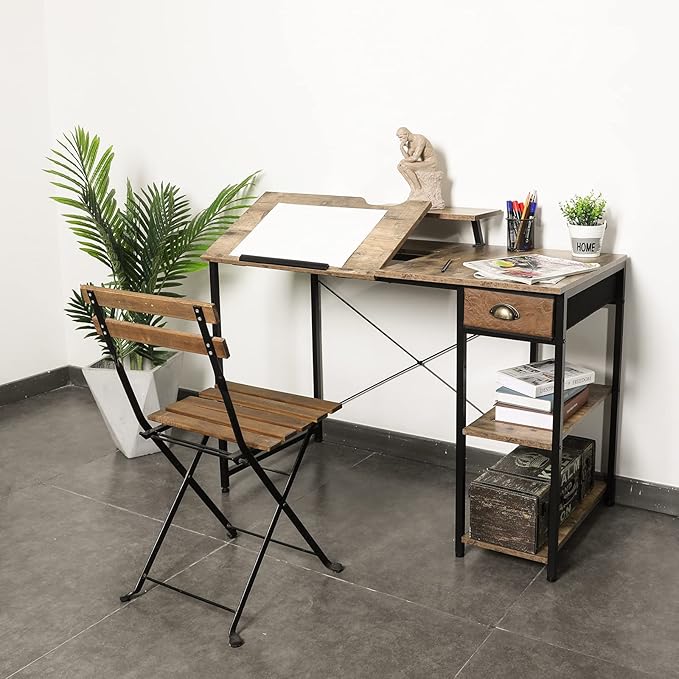 X-cosrack Drafting Table with Storage Shelves &amp Drawer 43 Adjustable Art Desk with Monitor Stand for Home Office Computer Tiltable Draft Drawing Table for Artist Study Writing Workstation
