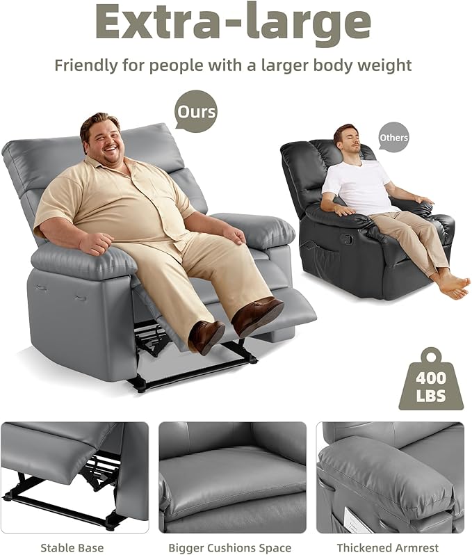 GarveeHome Oversized Wide Recliner Chair - Heat and Massage PU Leather Extra Wide Manual Recliner for Adults Large Lazy Chair with 1.5X Sponge Comfort Arm and Back for Living Room Bedroom