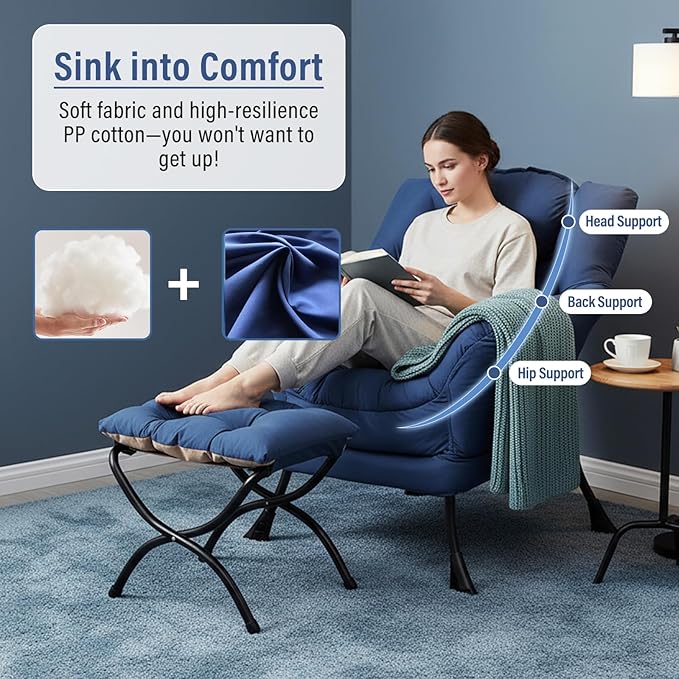 Lazy Chair with Ottoman Modern Accent Chairs with Folding Footrest Royal Blue Sofa Chair Set Comfortable Reading Chairs Oversized Armchairs for Bedroom Study Living Room Courtyard