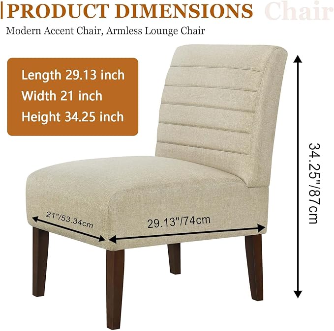 Modern Accent Chair for Living Room Upholstered Armless Slipper Chair with Back &amp Wood Legs Comfy Small Chair for Bedroom Living Room Reading Spaces Office (Beige)