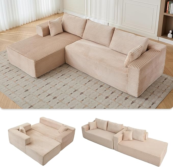 110 Inch Modular Sectional Cloud Couch with ChaiseOversized Deep Seat Sofa in CorduroyBoneless L Shaped Boneless Floor Couch Vacuum Pack for Easy ShippingNo Assembly for Living Room BedroomBeige