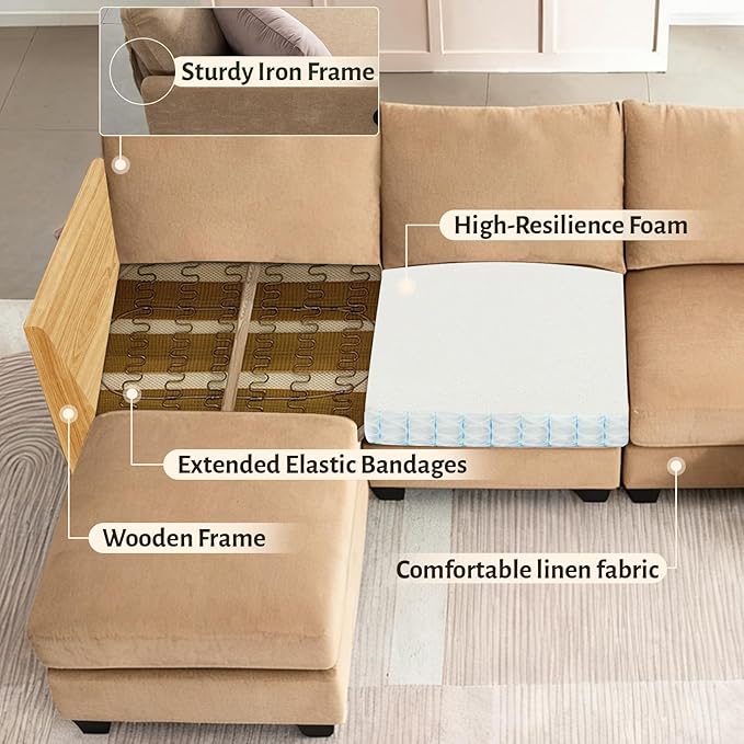 136.4 Modular Sectional Sofa U-Shaped 7 Seater Sectional Sofa with Storage Ottoman Linen L-Shaped Couch Large Cloud Couch with Cup Holders &amp USB for Living Room（Camel
