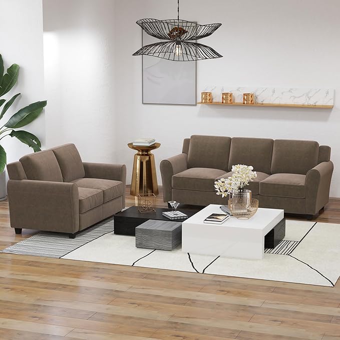 Bonzy Home 2 Piece Sofa Set 2-Seater and 3-Seater Sofa Couch Modern Comfy Sofa with Thicked Cushion for Living Room Apartment Office Brown