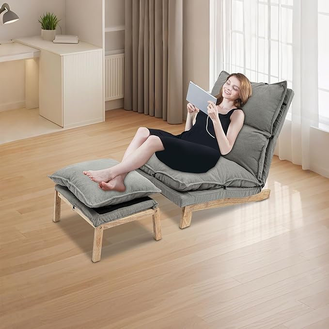 Single Lazy Sofa Lounge Chair with Footstool 5-Position Reclining Comfort for Living Room Balcony Japanese Tatami Floor Recliner Modern Leisure Recliner Indoor Use Grey