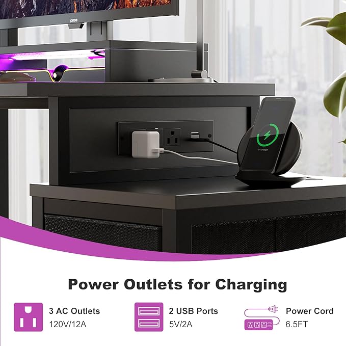 Small Gaming Desk with 2 Fabric Drawers - Reversible Computer Desk with Power Outlet &amp LED Lights 49 Office Desk with Monitor Stand &amp Storage Shelves Writing Study Table with Pegboard Blac