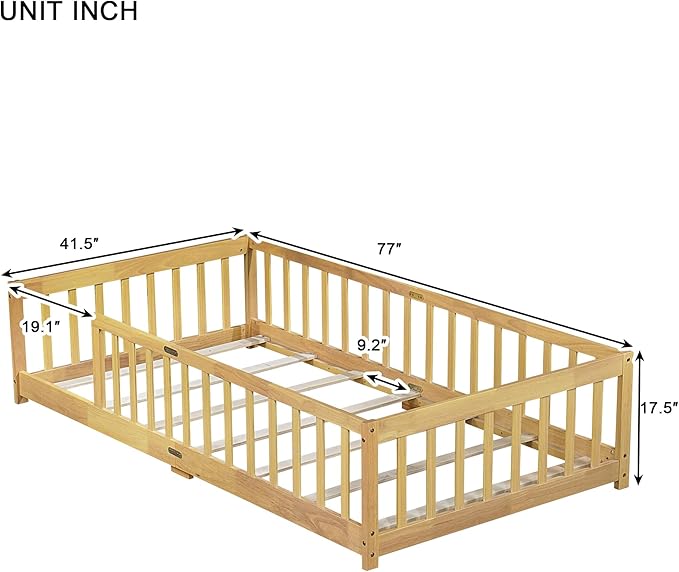 Bellemave Twin Floor Bed with Slats and Safety Guardrails Kids Montessori Floor Beds with Fence and Without Door Easy Assemble Floor Bed for Kids Girls Boys Natural